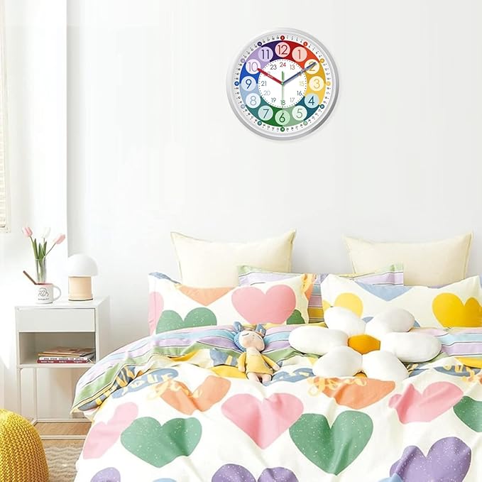 XFM Learning Clock for Kids 8 Inch Silent Wall Clocks Battery Operated Colorful