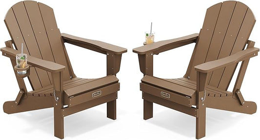 SERWALL Folding Adirondack Chair Set of 2 Outdoor Chairs Painted Adirondack Chair with Cup Holder Weather Resistant for Patio Deck Garden, Backyard Deck, Fire Pit- Brown