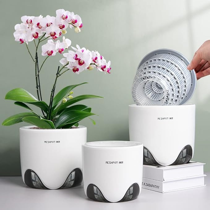 5 inch Orchid Pots with Holes for Repotting with Excellent Airflow, Set of 2, Double Layer Plastic Imitate Ceramic Orchid Planter, Clear Orchid Pot Match Decorative Orchid Container