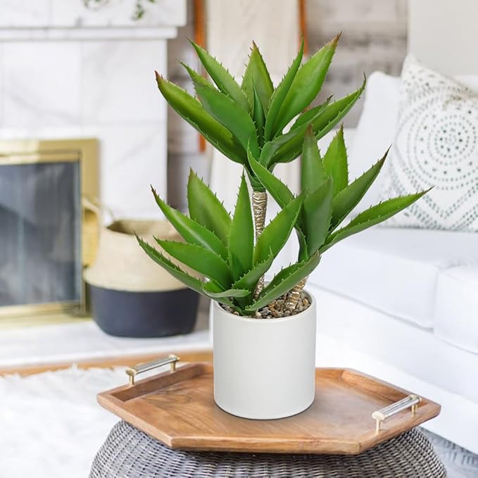 Hollyone Large Artificial Agave Plants Fake Three-Head Agave Succulents Plant Potted 17" Faux Plant in White Pot Succulent Aloe Vera Plants Indoor for Desk Modern Home Decor