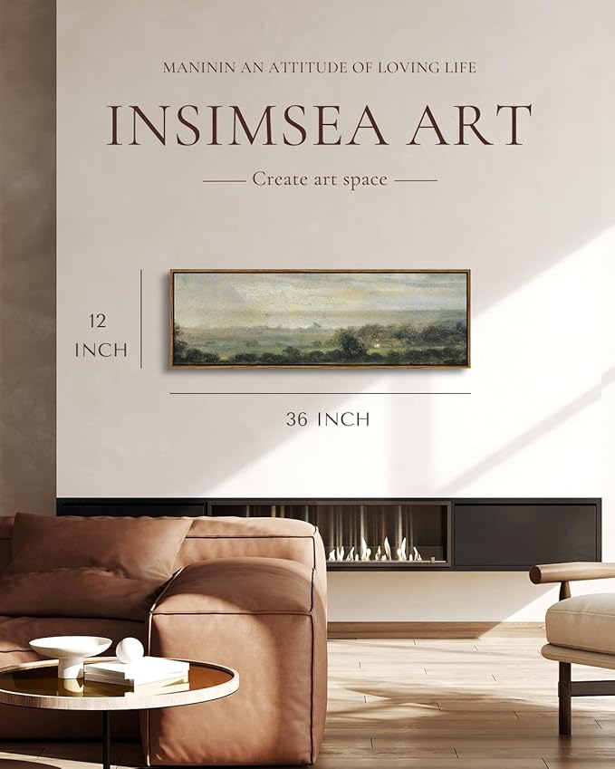InSimSea Extra Large Framed Vintage Wall Art, Living Room Country Farmhouse Decor, Wild Field under Sky Landscape Paintings, Canvas Prints, Scenery Long Picture for Bedroom Above of Bed,12x36inch