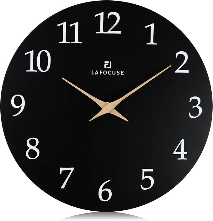 Lafocuse 12 Inch Wooden Black Wall Clock Battery Operated Silent Non-Ticking