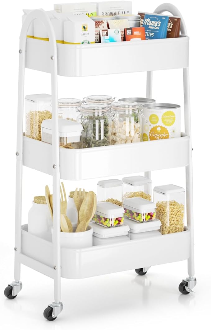 EAGMAK 3 Tier Rolling Cart Under Desk, Large Metal Storage Cart with Handle and Lockable Wheels, Big Multifunctional Storage Organizer Trolley for Kitchen, Living Room, Office, Garage (White)