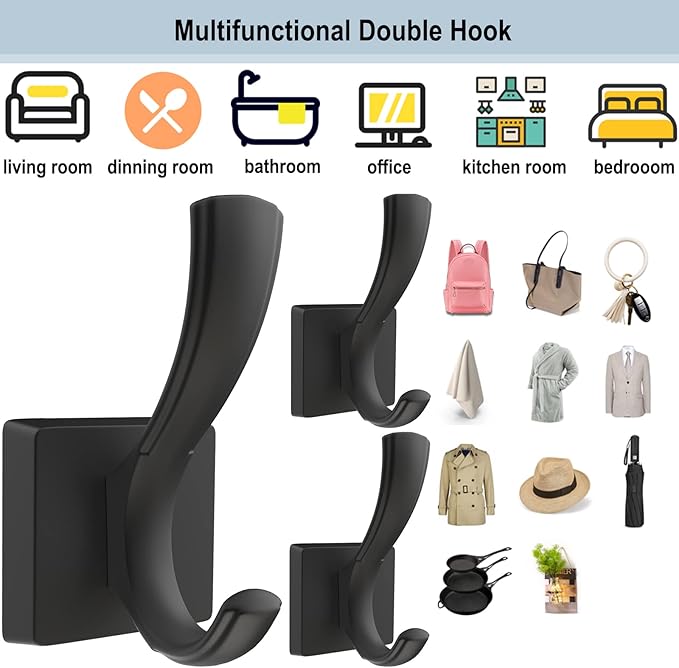 TOFIIGREM Black Coat Hooks for Wall Hanging, Bath Robe Hook Heavy Duty Thick