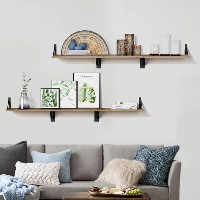 Floating Shelves with Black Metal Brackets Set of 3, Light Wood Wall Bookshelf
