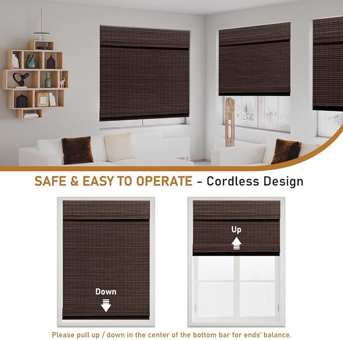 SEEYE Cordless Bamboo Roman Shades, Roll Up Blind Privacy Shade