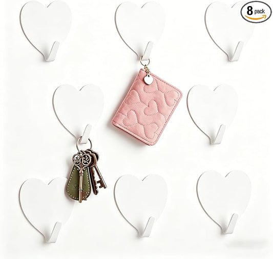 Heart Wall Hooks, 8 Pack, Cute White Decorative Accessories, Purse Hanger
