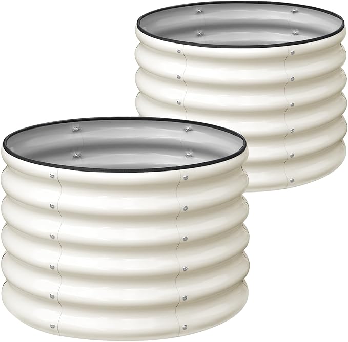SnugNiture Raised Garden Bed, 2 PCS 2Ã2Ã1.5ft Round Galvanized Outdoor Planter Box, 17" Tall Deep Metal Garden Bed Kit for Planting Vegetables, Fruits, Flowers, White