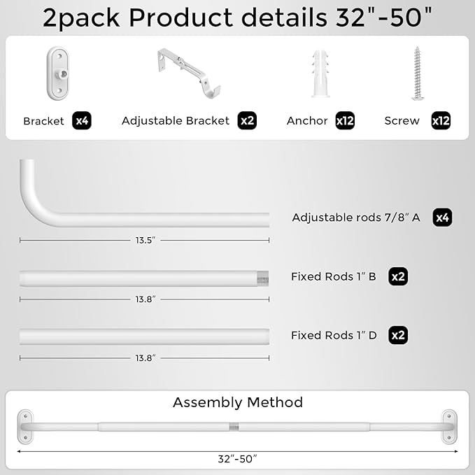 2 Pack Curtain Rods 32-46 Inch, 1 Inch Adjustable Heavy Duty Room Darkening