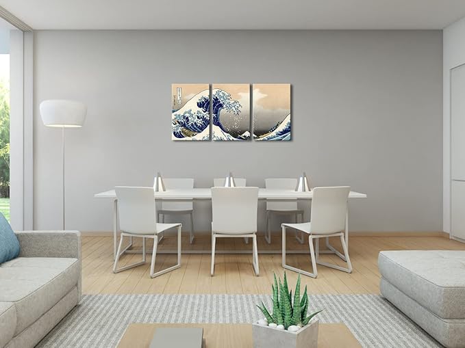 Wieco Art Great Wave of Kanagawa Katsushika Hokusai 3 Piece Modern Stretched