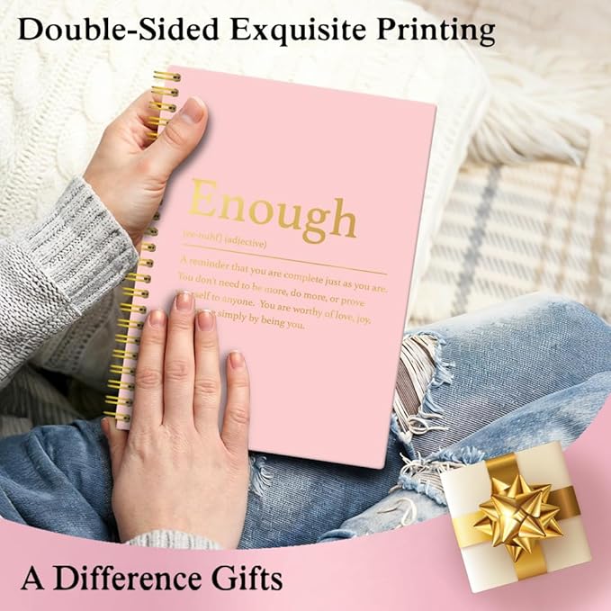 XQLZY Enough Definition Pink Gold Spiral Notebook, Resignation Retirement Promotion Inspirational Gifts for Woman Coworker Boss Friend, Self-Affirmation Gifts for Women, Inspirational Journal Present