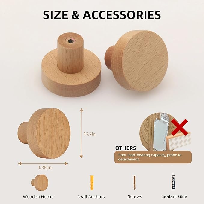 4 Pack Wood Hooks No Damage Wall Hooks Round Rings Adhesive Hooks Clothes