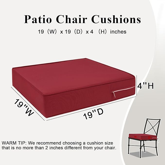 Outdoor Chair Cushions 18.5x16x3 Inch, Waterproof Red Patio Furniture Cushions Set of 2 with Ties & Handle, 3 Year Color Fastness Square Replacement Seat Cushions for Sofa, Couch