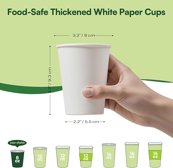 Small Paper Cups 8 oz Coffee Cups Disposable, 200 Pack Leak Proof Hot Cups, 300GSM Thickened White Disposable Cups, Unbleached Small Drink Cups for Everyday Office Coffee Bar Supply Party Essentials
