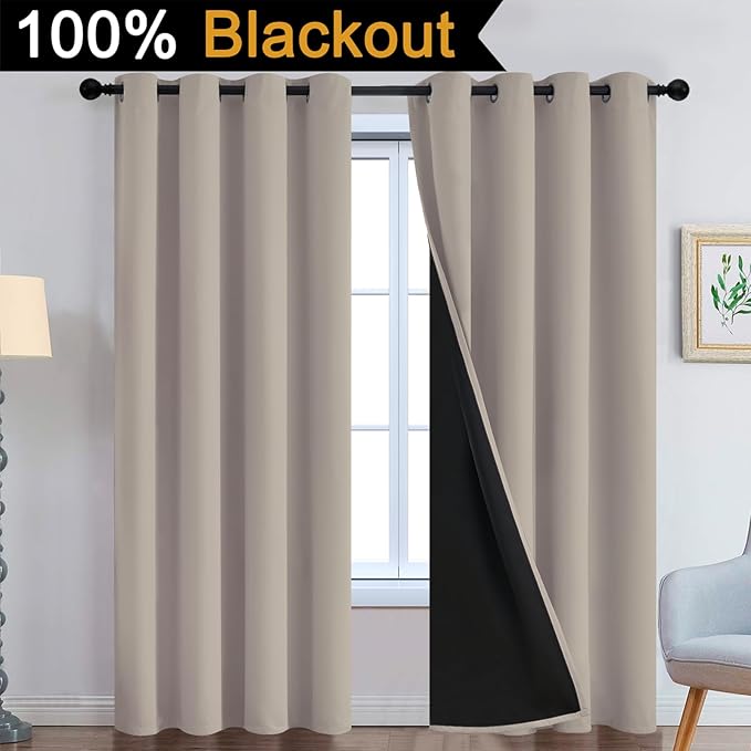 Yakamok 100% Blackout Curtains 90 Inches Long, 2 Thick Layers Heat and Full