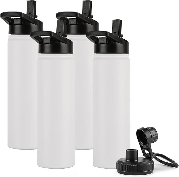 DOMICARE Insulated Water Bottle, 22 oz Vacuum Insulated Stainless Steel Reusable Sports Bottle with Straw Lid & Spout Lid for Travel, Camping, Bike, Leakproof, White, 4 Pack
