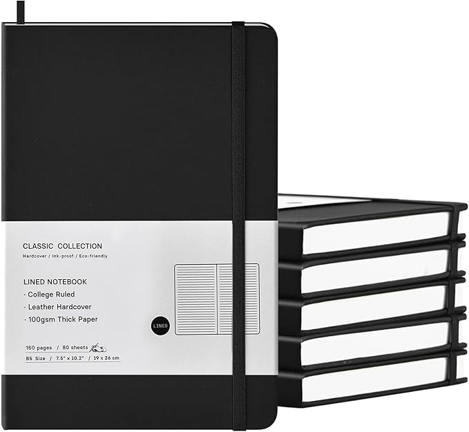 Coopay 6 Pack B5 Notebooks Journal College Ruled Composition Notebooks Classic Hardcover Lined Journals for Office Home School Business Writing Note Taking, 10.2" x 7.5", 100GSM Thick Paper (Black)
