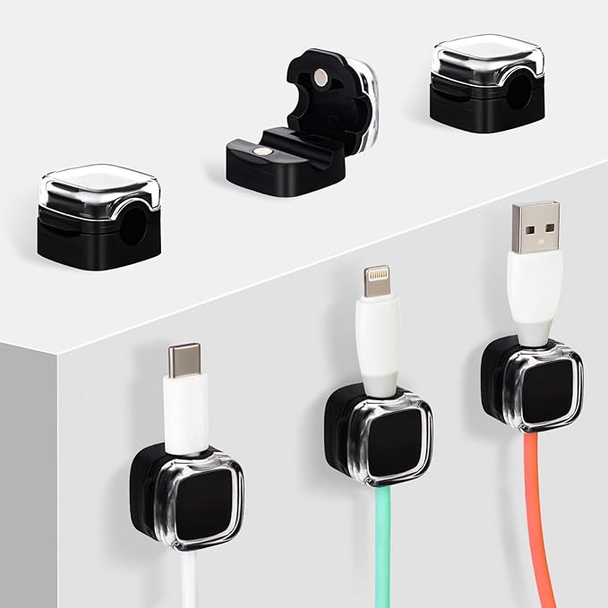 Magnetic Cable Clips Cord Organizer Holder, 6 Pack Adhesive Wire Holder Keeper Organizer USB Charging Cable Storage Holder for Home Office Phone Car Wall Desktop Nightstand Kitchen (Black)