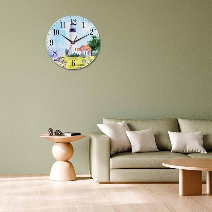 Mxocom Watercolor Lighthouse Wall Clock Building Green Hill Blue Skies House