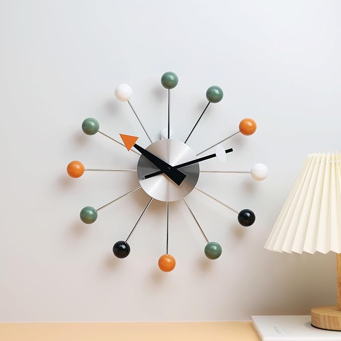 Mid Century Modern Wall Clock Decorative Multicolour Ball Silent Non Ticking