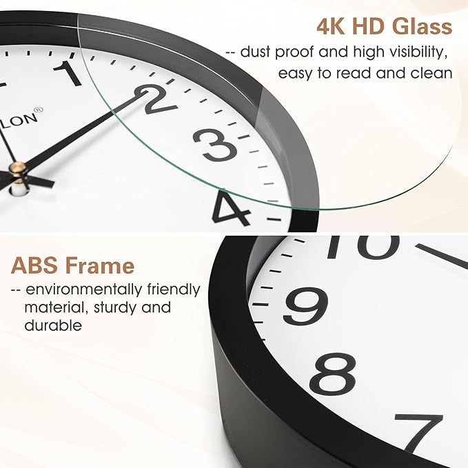 WISKALON 10 inch Silent Non-Ticking Elegant Black Frame Wall Clock, Classic