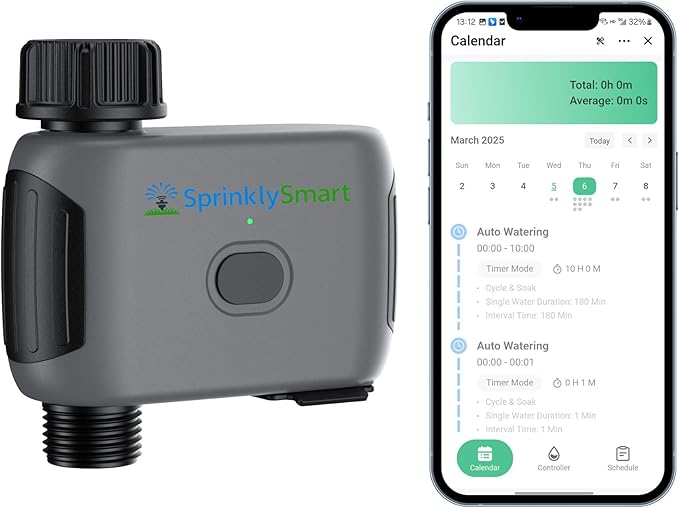 [No Blutooth Hub Required] Sprinkly Smart Lawn & Garden Hose Wifi Water Timer â 1 Zone Wi-Fi 6 Sprinkler Controller, Compatible with Alexa and Google Assistant, Auto/Manual/Rain Delay, IP55 Waterproof