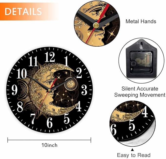 Mxocom Crescent Moon Wall Clock Boho Chic Golden Sun Ethnic Retro Night Black