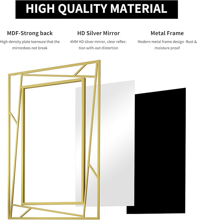 Brushed Gold Bathroom Mirror, Hang Horizontally or Vertically