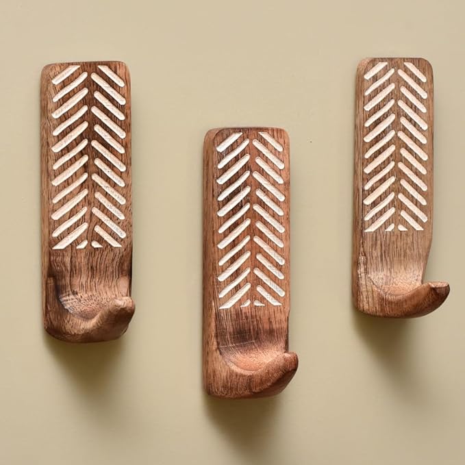 IndianShelf 10 LB- 3 Pieces Decorative Wood Adhesive Wall Hooks–Boho Peel and
