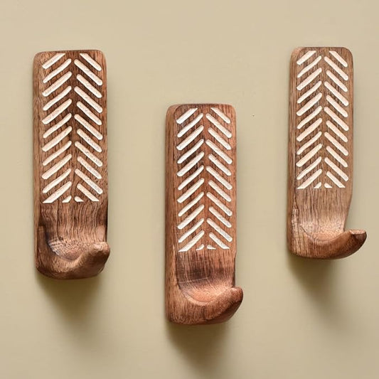 IndianShelf 10 LB- 3 Pieces Decorative Wood Adhesive Wall Hooks–Boho Peel and