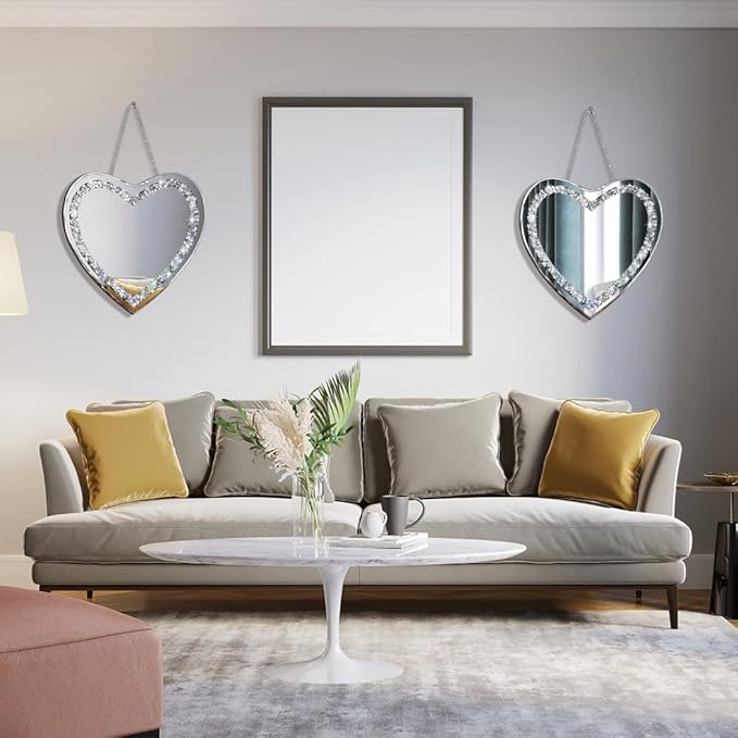 DMDFIRST Heart Shaped Silver Glass Mirror 2 Pack 12x12inch Crystal Crush