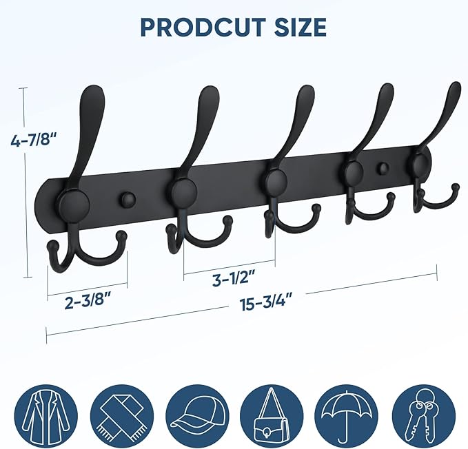 TICONN Wall Mounted Coat Rack, Five Heavy Duty Tri Hooks All Metal Construction