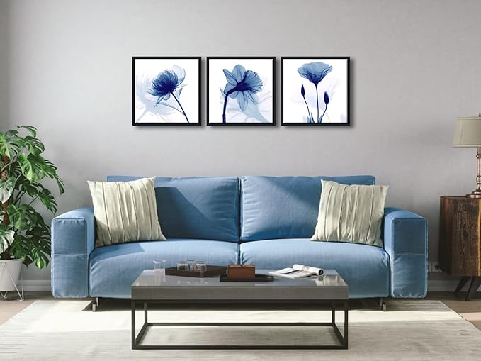 Wieco Art Framed Blue Abstract Flowers 3 Panels Canvas Prints Wall Art Modern
