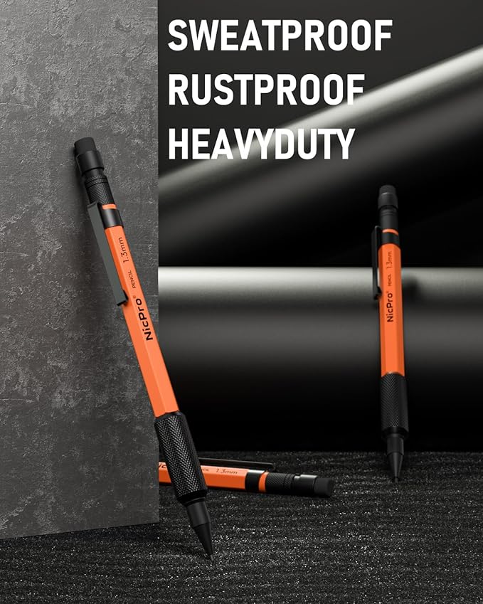 Nicpro 3 PCS 1.3 mm Orange Mechanical Pencils Set with 66 Lead Refill, 3 Eraser - Weatherproof Metal Barrel, Heavy Duty Carpenter Pencil MP2000 for Outdoor Marking Drafting Drawing Woodworking