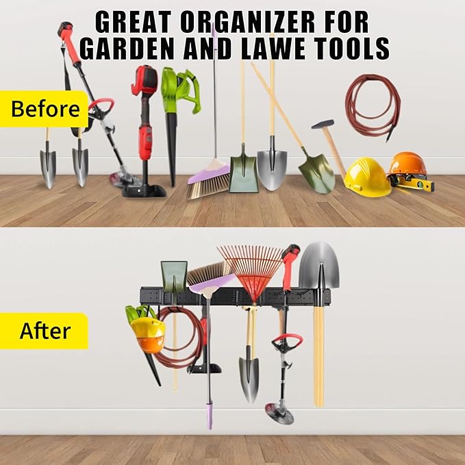 Garvee Garage Tool Organizer Wall Mount, 64 Inch Heavy Duty Garden Tool Storage Organization with 12 Adjustable Hooks, 16 Pack Yard shed Tool Organizer System for Shovel Rake Broom Ladders