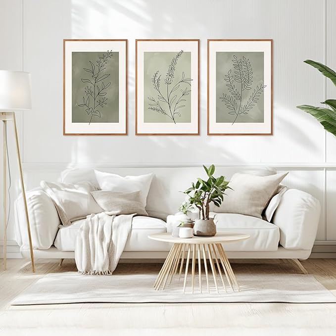 CHDITB Sage Green Botanical Framed Canvas Wall Art Set, Nature Line Art Wall Decor, Neutral Minimalist Floral Artwork, Boho Greenery Plant Flower Art Prints for Living Room, Bedroom, Office 24"x36"x3