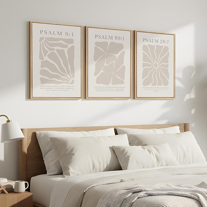 Framed Christian Wall Art Set of 3, Neutral Psalm Scripture Canvas Prints