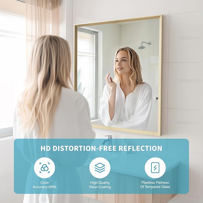 Oak Wood Effect Framed Wall Mirror, 30x36 Rectangle Mirror, Anti-desilvering