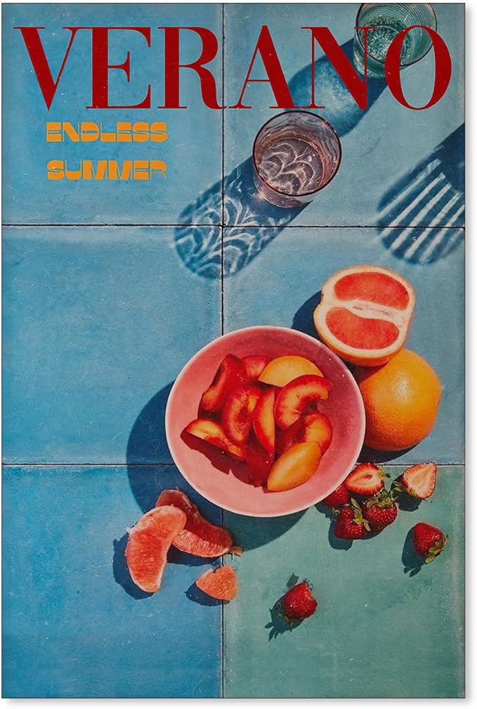 jkahh Summer Travel Food Fruit Wall Art Retro 70s Blue Posters Trendy Orange