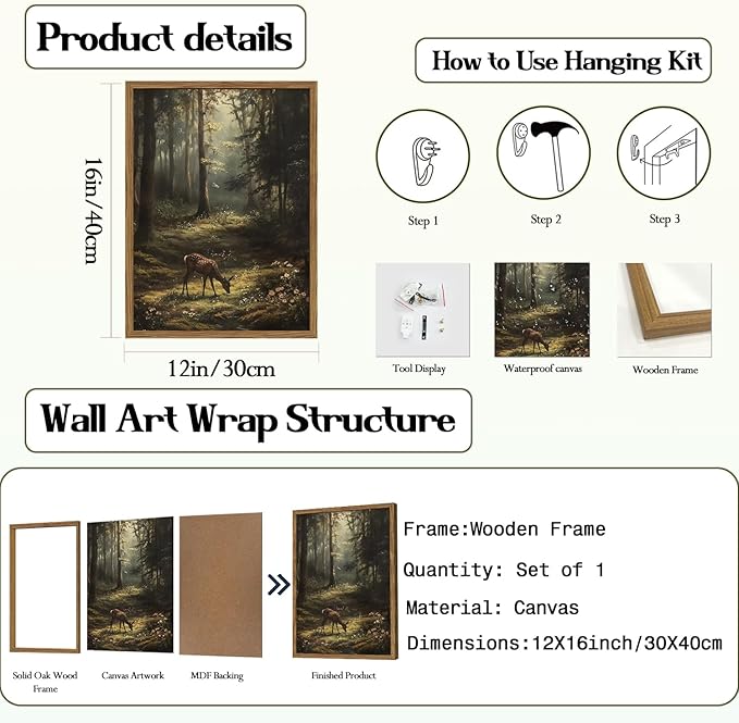 Framed Vintage Forest Deer Canvas Wall Art, Rustic Nature Landscape Paintings