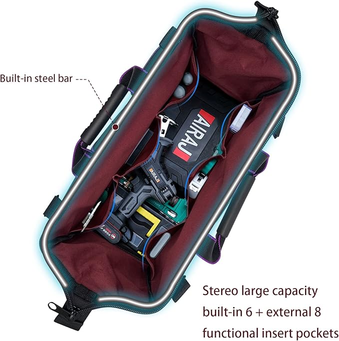 Women Heavy Duty Tool Bag with Molded base,Garden Storage Organizer for Tools,16 x 7.5 x 10.5 inches,600D Polyester Fabric (Purple)