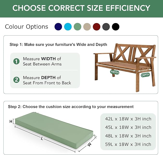 Summsun Outdoor Bench Cushion: Waterproof and Fade Resistant Patio Furniture Cushions - Non-Slip Bench Pad Cushion with Removable Cover for Garden Swing Porch Sofa Settee, 45 x 18 Inch, Sage Green