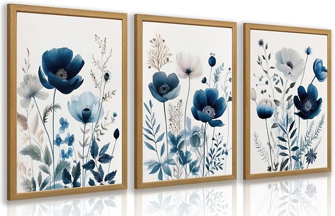 LLEEMPI Navy Blue Floral Wall Art Set of 3, Modern Wildflower Wall Decor