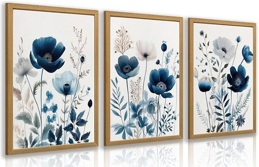 LLEEMPI Navy Blue Floral Wall Art Set of 3, Modern Wildflower Wall Decor