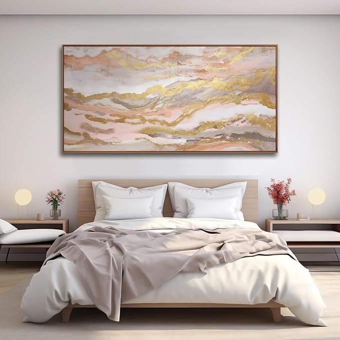 Abstract Pink Canvas Wall Art Framed Gold Abstract Line Artwork