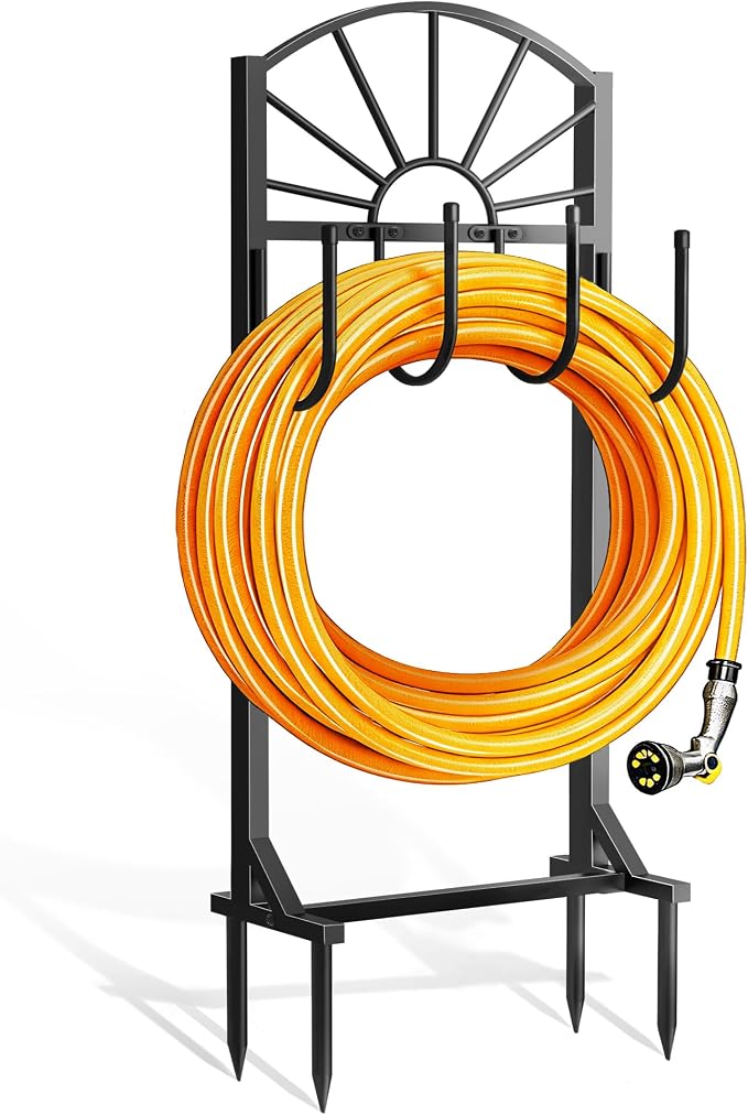 Garden Hose Holder, Upgraded Metal Water Hose Holder with 4 Hooks, Freestanding Heavy Duty Hose Hanger Stand Holds 150 FT Hoses, Detachable Hose Storage Rack for Outside Yard Lawn Farm (Black, Sun)