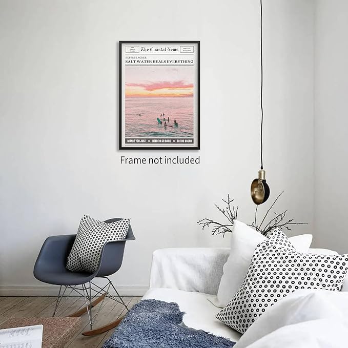 Pink Beach Newspaper Posters Vintage Fashion Coastal Girl Surf Wall Art Grainy
