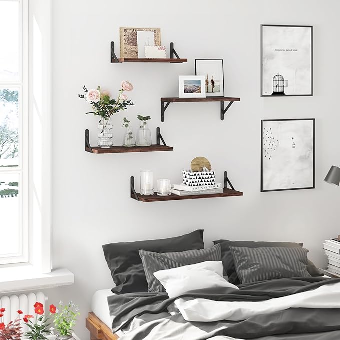 YGEOMER Floating Shelves for Wall, Different Sizes Dark Carbonized Pine Wall