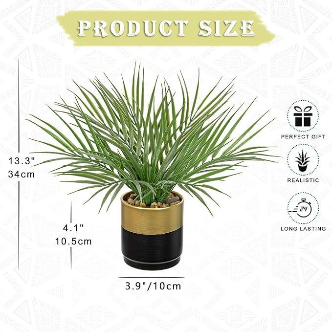 Hollyone Large Artificial Potted Plants Fake Palm Plants 13" Faux Tropical Palm Plant Tree in Gold and Black Metal Pots for Home Room Office House Indoor Decoration