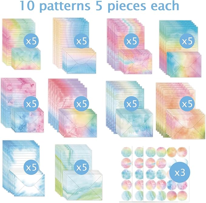 160 Pcs Stationery Paper Envelopes Set Includes 50 Lined Writing Paper & 50 Envelopes with 60 Colorful Round Dot Stickers, Cute Vintage Watercolor Letter Writing Stationery Paper Envelopes(10Style)